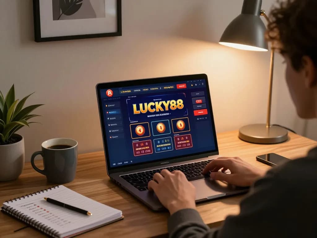 Engaging with LUCKY88 casino on a laptop at a cozy home setup, showcasing strategic online gaming.
