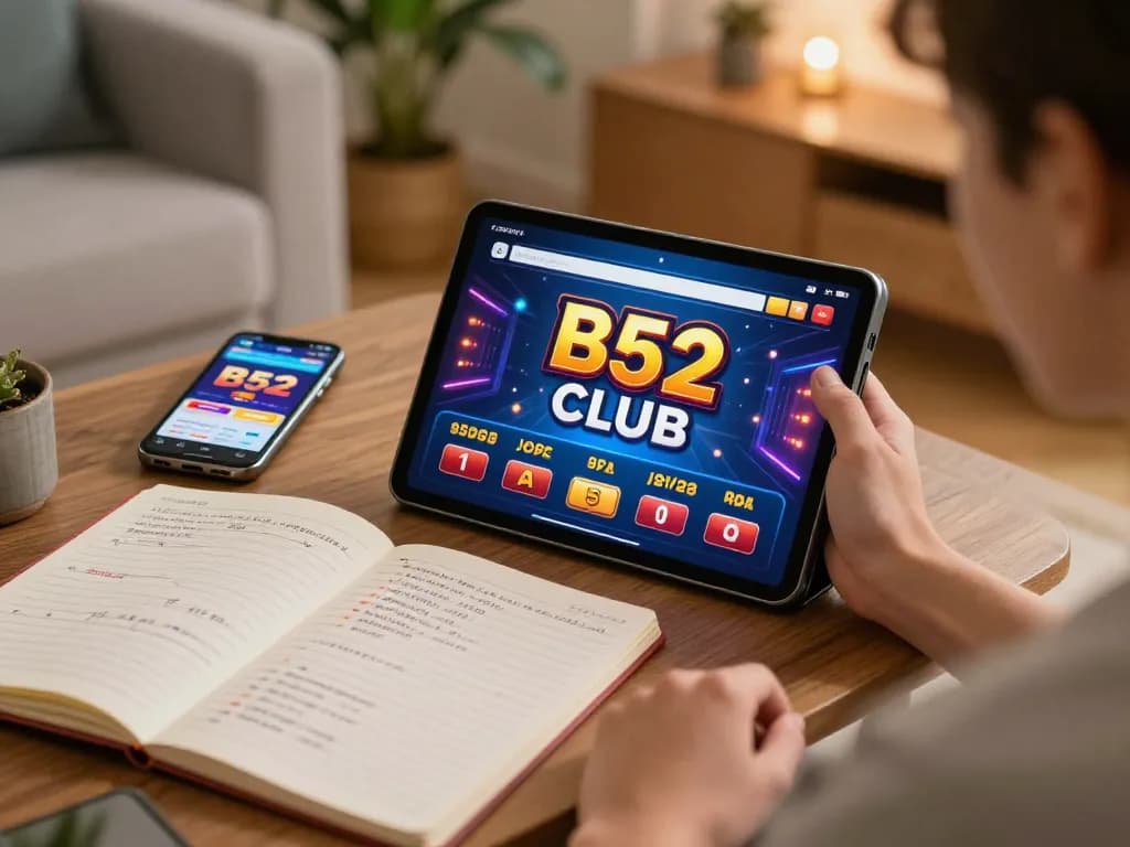 B52 club gaming experience at home with tablet showing casino app and strategic notes.