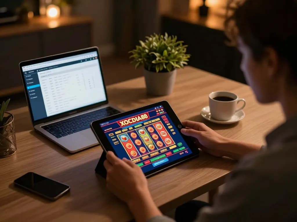 Player enjoying online gambling on XOCDIA88 tablet with vibrant graphics.