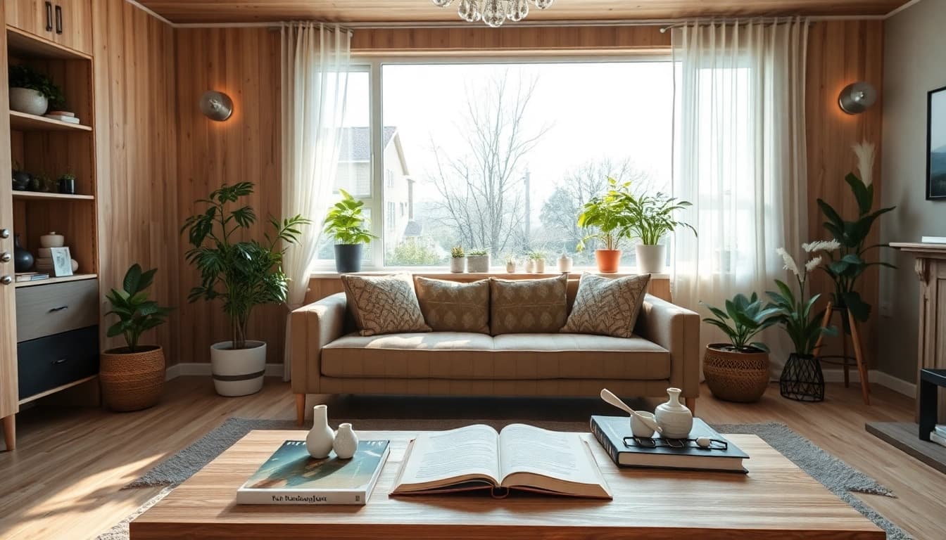 Moderne Raumgestaltung mit einer eleganten Couch, Pflanzen und warmem Licht.