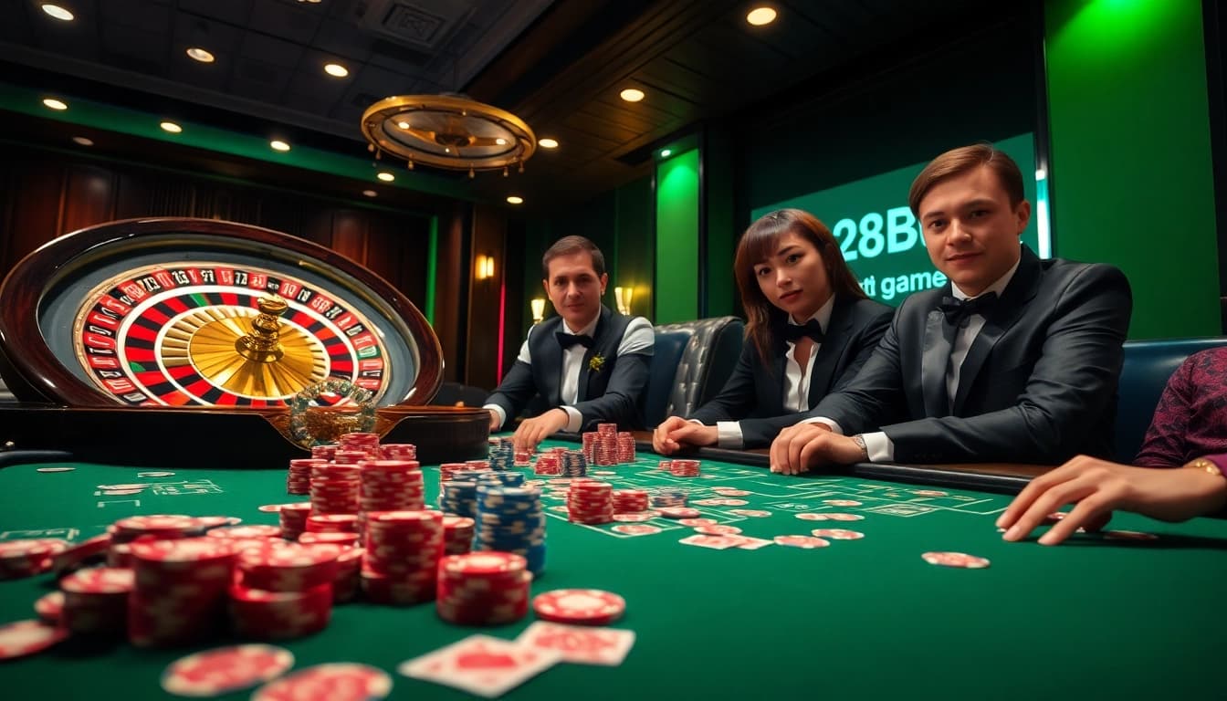 Play exciting games of 28bet game bài at a luxurious casino table filled with poker chips and cards.