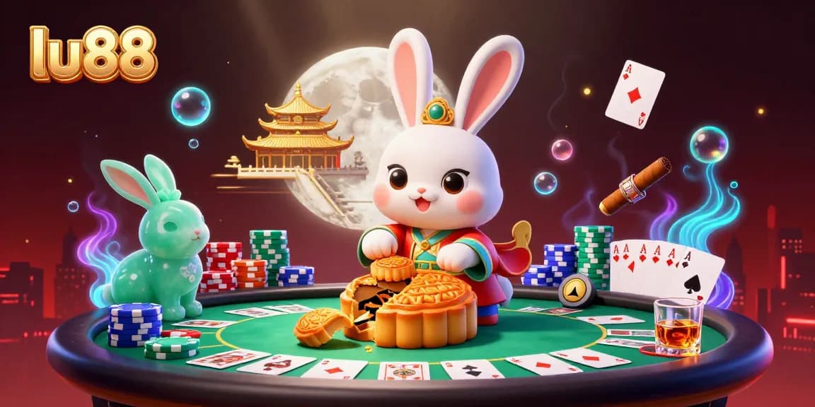 Play poker with lu88 as the moon rabbit and companions celebrate casino winnings on a lunar background.