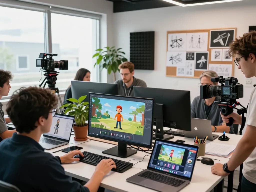 Creatives utilizing motion control technology in a vibrant video production studio, showcasing the collaborative effort in animation creation.