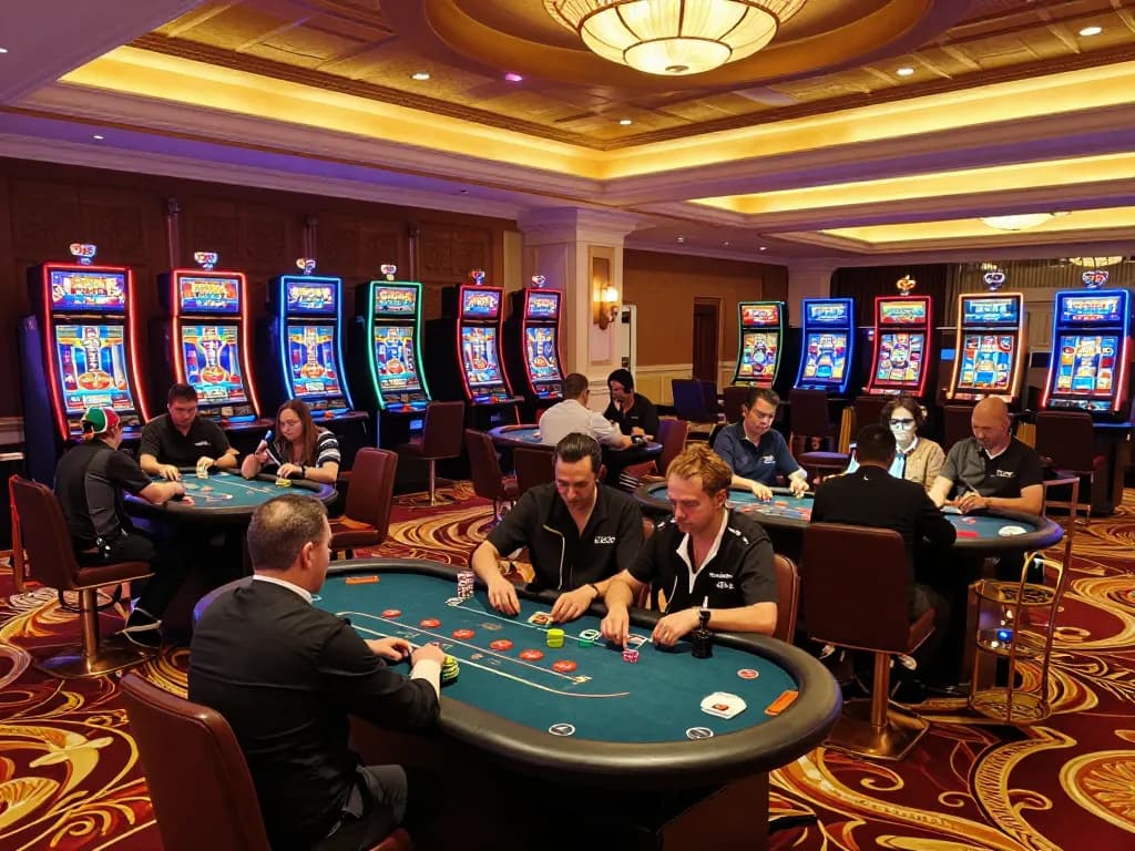 GO88 casino floor bustling with players gaming at poker tables, vibrant atmosphere captured.