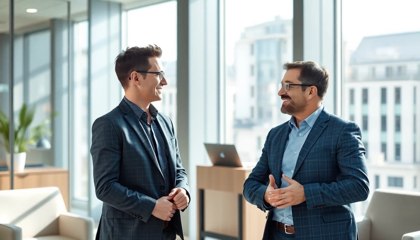 Professionelle Beratung in einer Headhunter Agentur, bei der Berater und Kandidat fokussiert diskutieren.