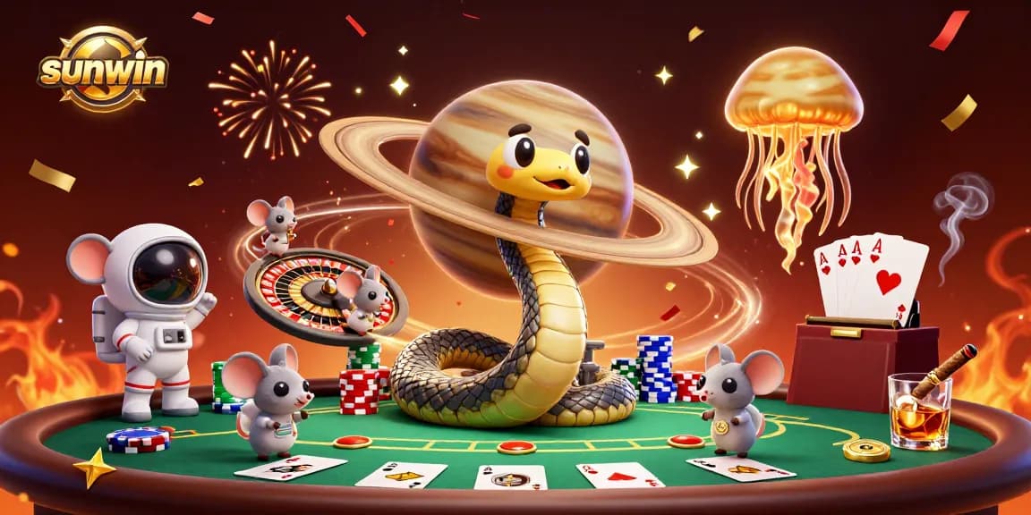 Sunwin's vibrant 3D cosmic casino scene with snake roulette and astronaut mice betting.