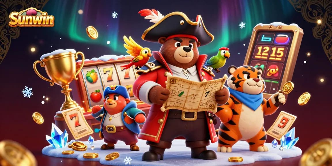 Experience the thrill of Sunwin with 3D cartoon characters and dynamic casino elements in this exciting illustration.