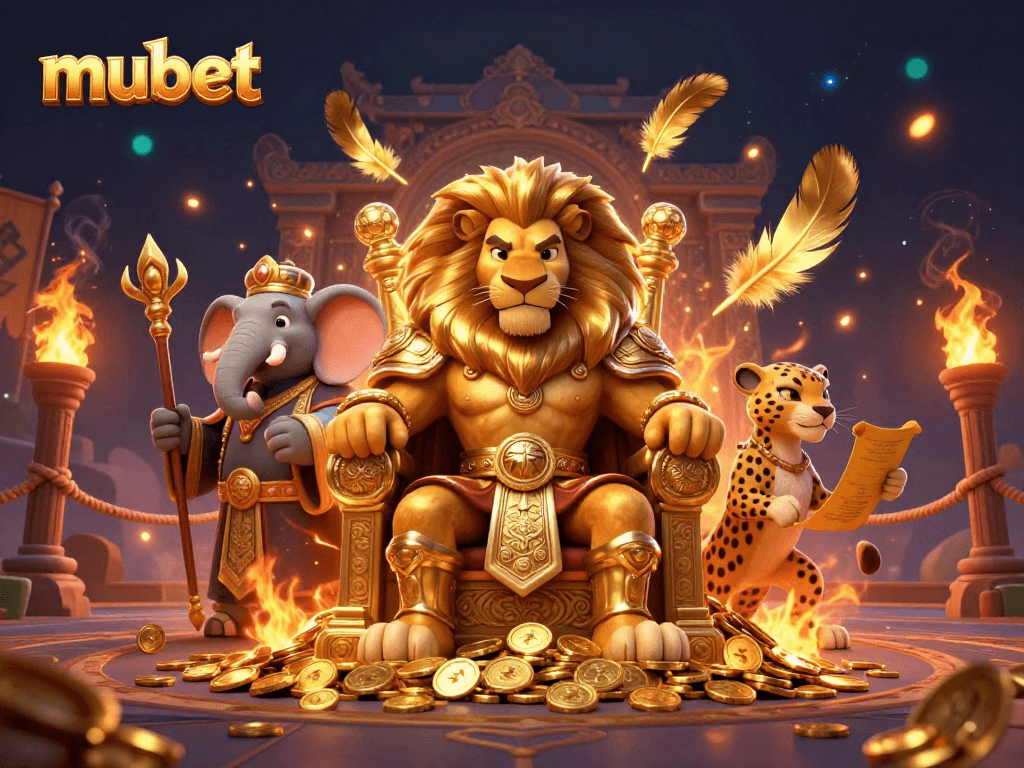 Engage in thrilling gameplay at mubet with a vibrant, 3D casino scene featuring a lion king and dynamic elements.