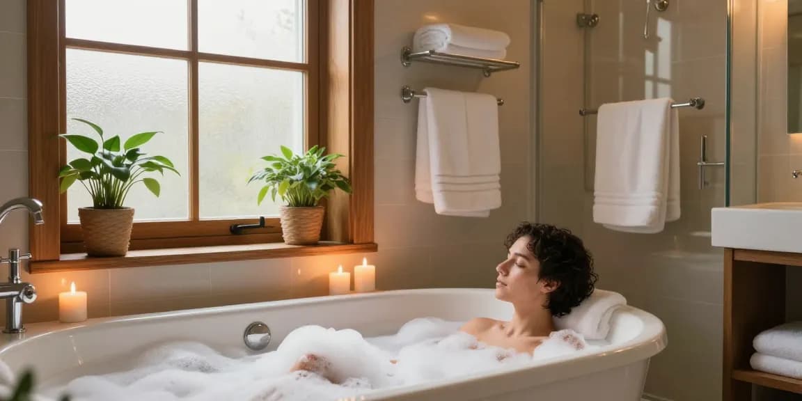 Ontspannend hoekbad in een stijlvolle badkamer met kaarsen en planten.