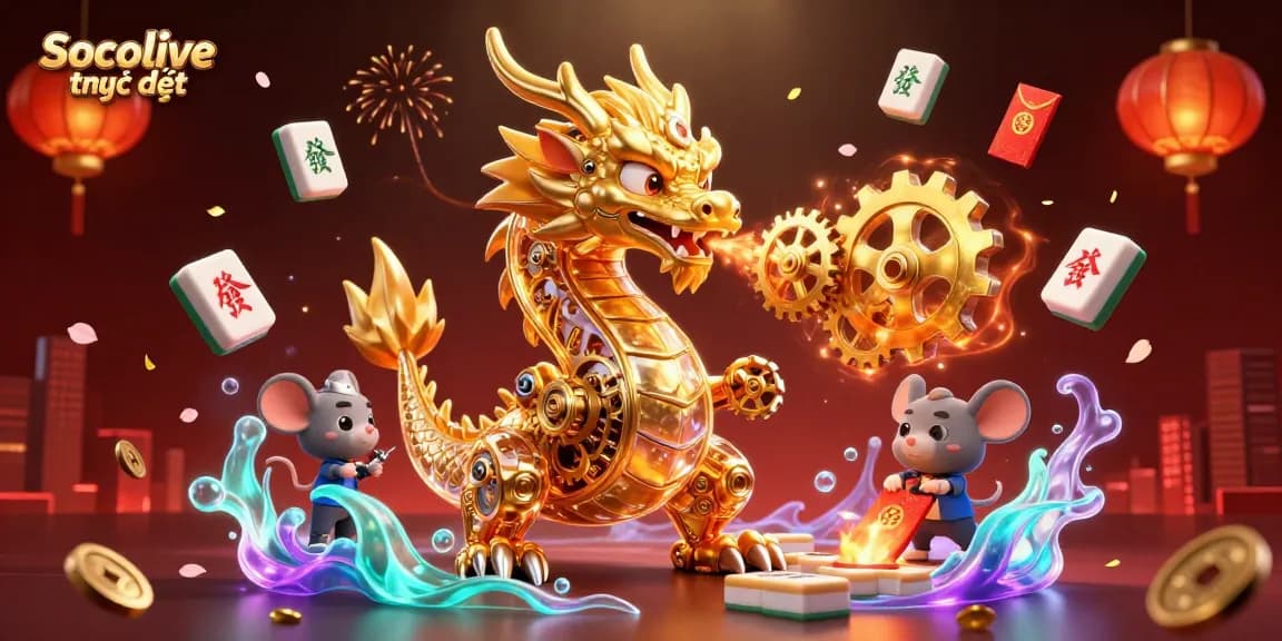 Socolive trực tiếp showcases a golden dragon breathing gears, emphasizing exhilarating gaming action and excitement.