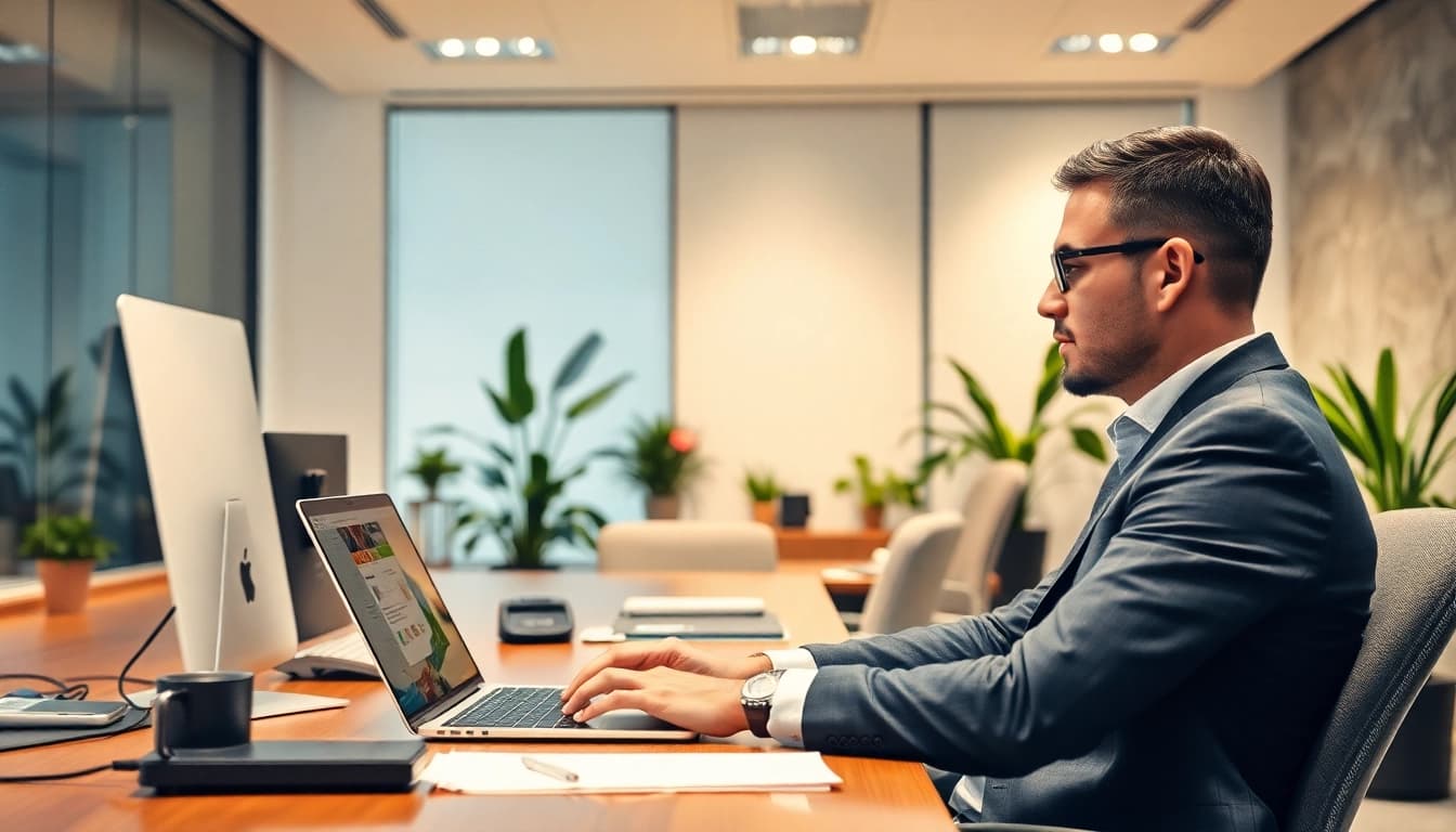 Headhunter, der konzentriert in einem eleganten Büro arbeitet und Kandidaten anruft.