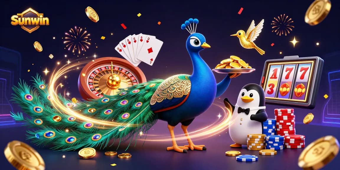 Experience thrilling wins at Sunwin with a 3D scene showcasing vibrant casino characters and games.