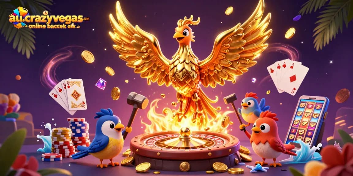 Play a thrilling game of blackjack at au.crazyvegas.com online blackjack with a golden phoenix and vibrant casino elements.