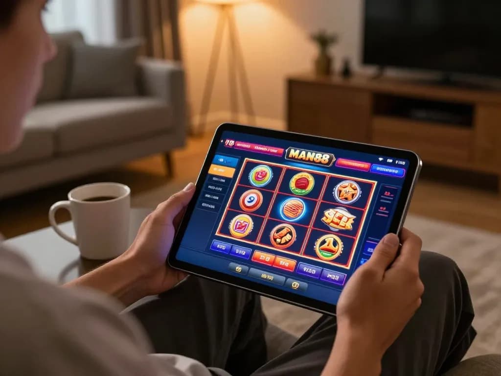 Engaging with MAN88 on a tablet while enjoying a cozy online casino atmosphere at home.
