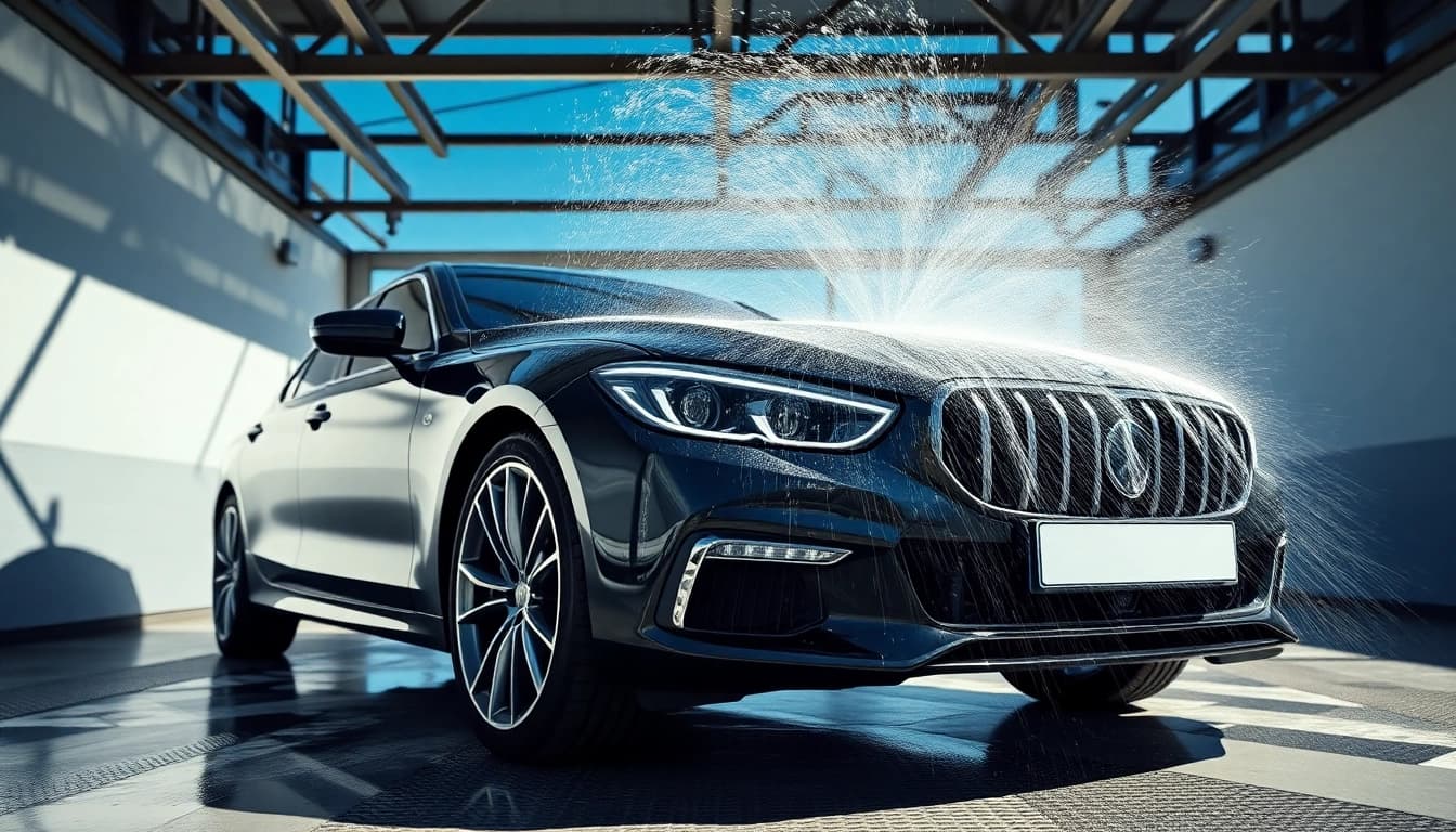 Leasing Rückgabe Vorbereitung München: Strahlend neues Auto in moderner Waschanlage, bereit zur Rückgabe.