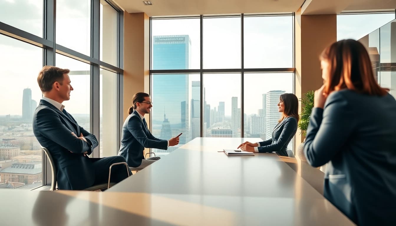 Immobilienmakler Frankfurt Preungesheim berät Kunden in modernem Büro mit urbaner Aussicht.