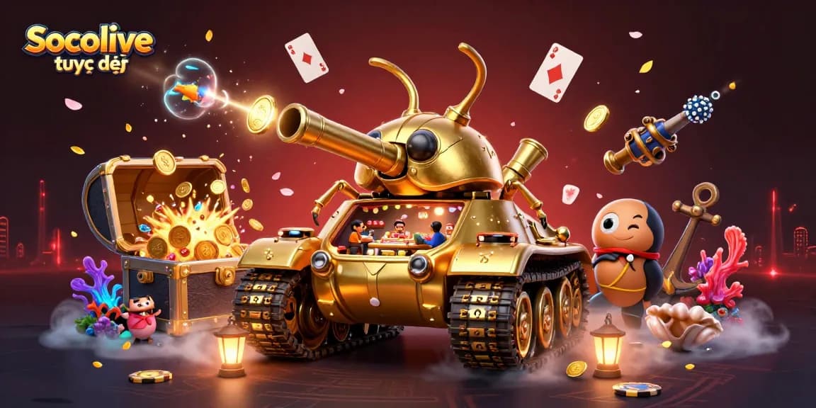Socolive trực tiếp showcases a vibrant casino scene with a golden beetle tank revealing a miniature casino and colorful treasures.