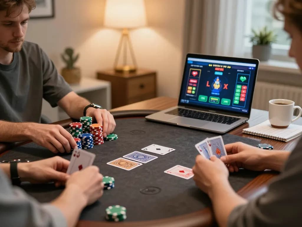 PH22 players strategically analyzing cards during online poker game in a cozy setting