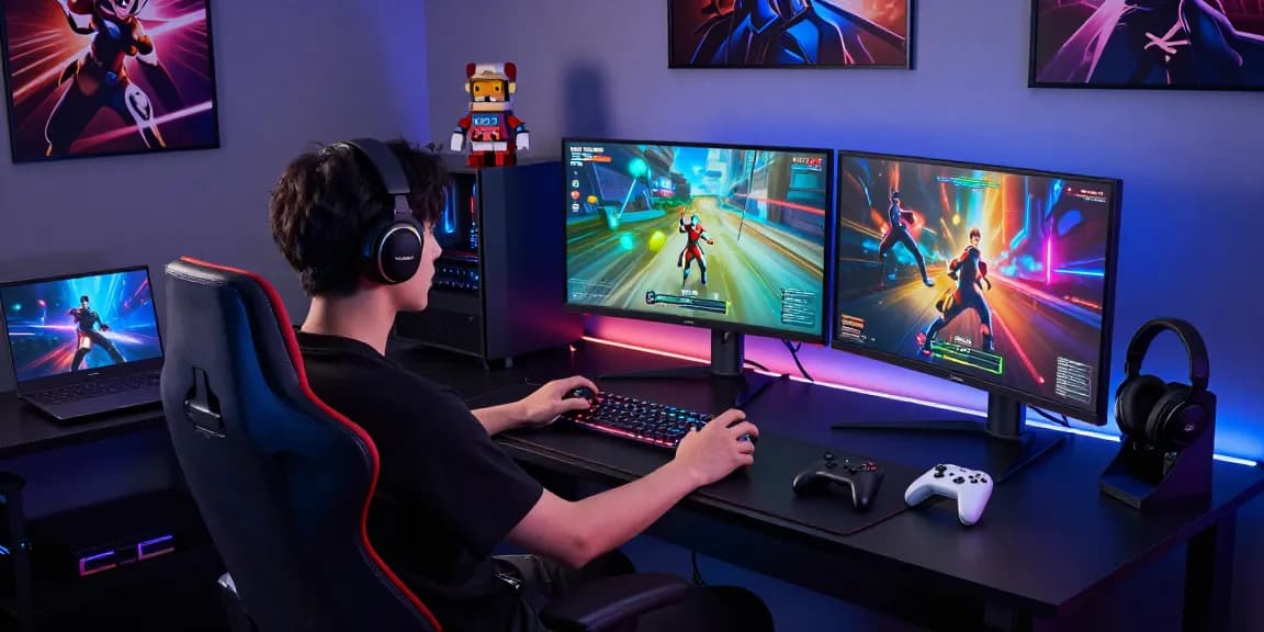 Immersive gaming setup highlighting the 8BitDo Ultimate 2 Wireless Erfahrungen with multiple monitors, gaming peripherals, and vibrant RGB lighting.