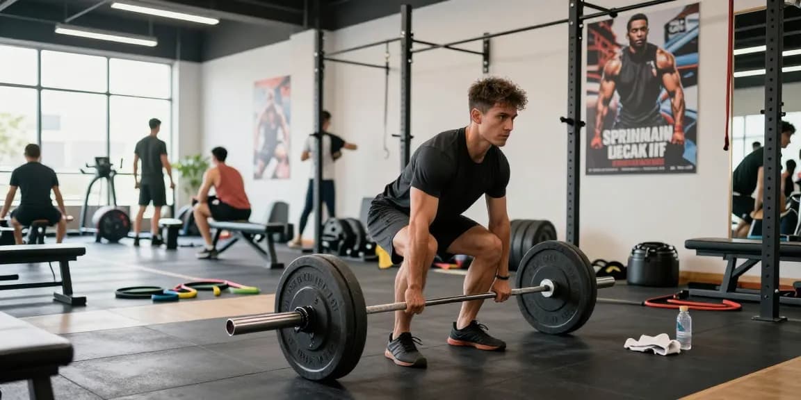 Engagierter Athlet hebt Gewichte im Anabolika Shop Deutschland in einem lebhaften Fitnessstudio.