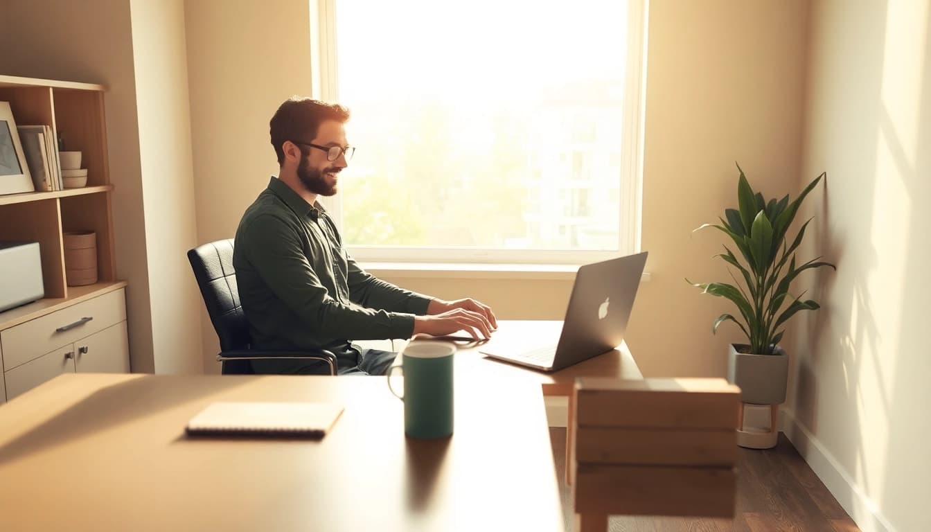 Unternehmer, der während der Job Transition an einem Laptop arbeitet und strategische Pläne erstellt.
