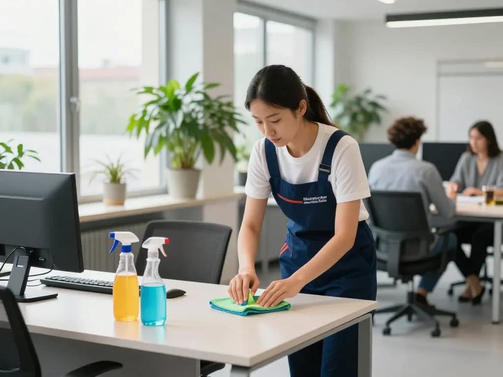 Experte für Gebäudereinigung aus Münster reinigt ein modernes Büro und zeigt Professionalität sowie Sauberkeit in einem hellen Arbeitsbereich.