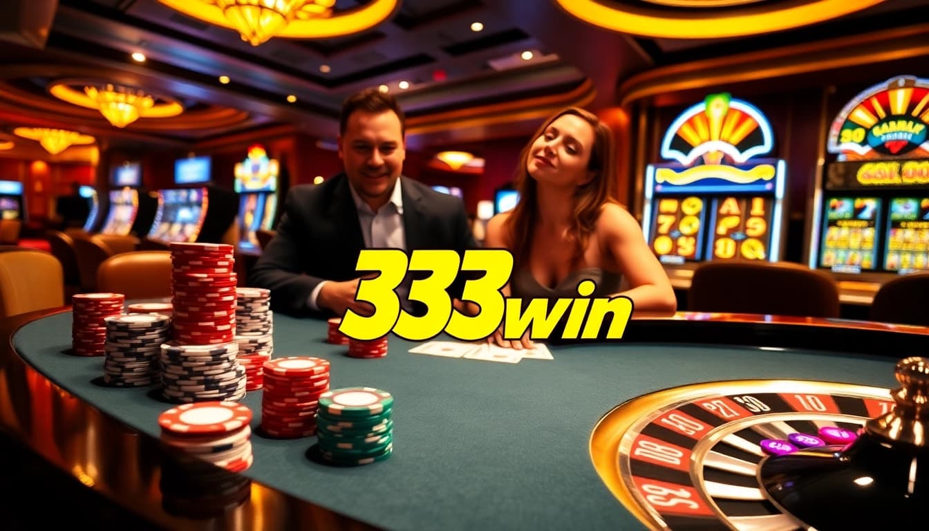 Players engaging at a luxurious casino table featuring 33win inspired poker chips and cards.