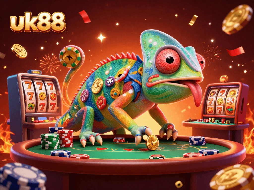 Experience excitement at uk88 with a lively casino scene featuring a chameleon, poker tables, and dynamic slot reels.