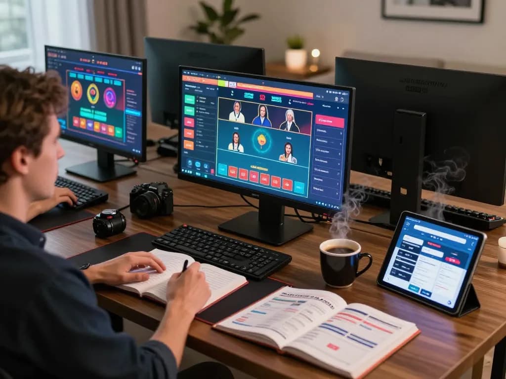 Player strategizing on fabet while engaging in live casino gaming at home with multiple screens