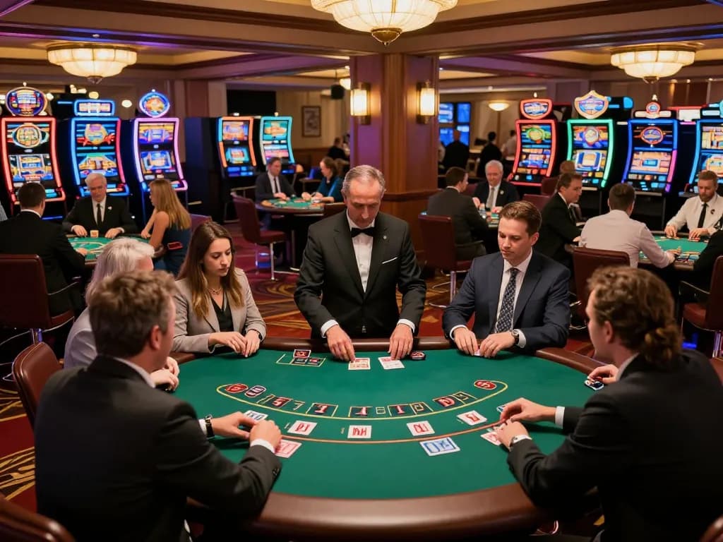 Engage in Go8 blackjack strategies on a lively casino floor with players and dealers in action