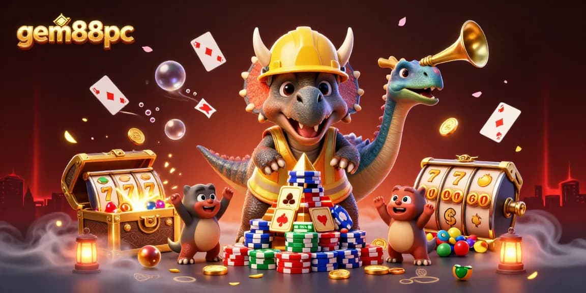Join the celebration at gem88pc with vibrant casino elements and energetic triceratops characters!