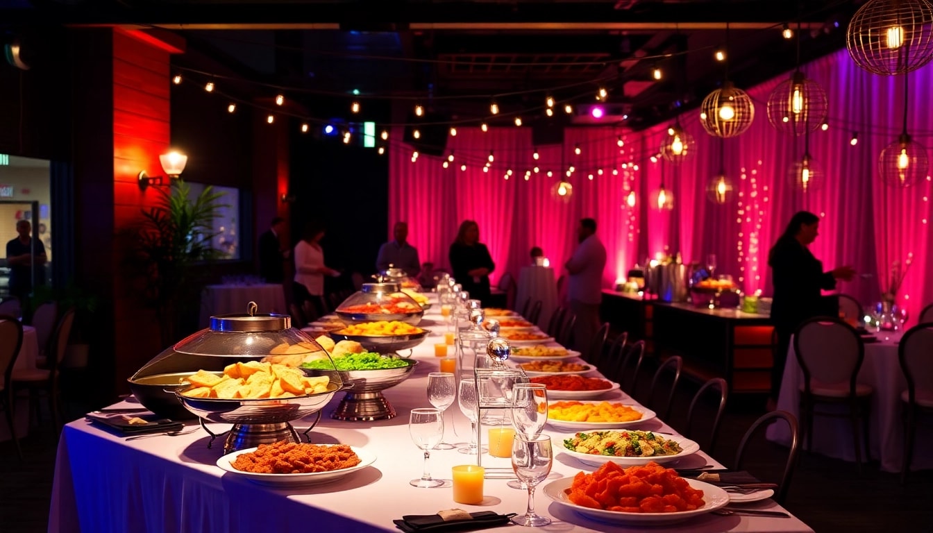 Vibrant partyservice catering setup featuring an array of delicious dishes and elegant decorations for a festive event.