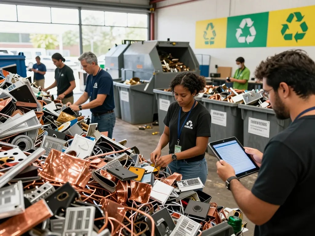 Gemeinschaftsmitglieder, die aktiv am Schrottankauf in einem Recyclingzentrum teilnehmen und Metalle sowie Elektronik verantwortungsbewusst sortieren.