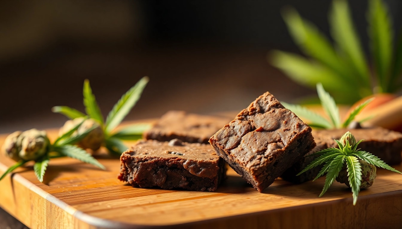 Genießen Sie Bud brownies, köstliche, schokoladige Leckereien mit Cannabutter, auf einem Holzbrett präsentiert.