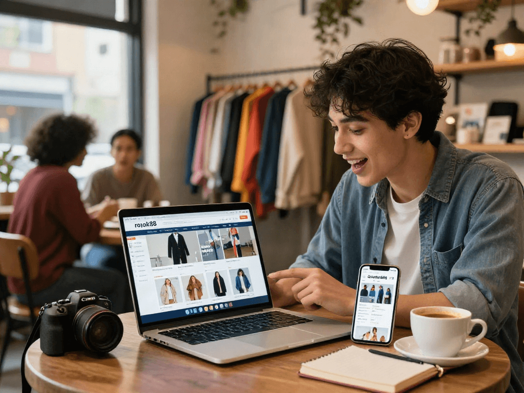 Shop online seamlessly with the rokok88 link displayed on a laptop while enjoying a cozy coffee shop atmosphere.
