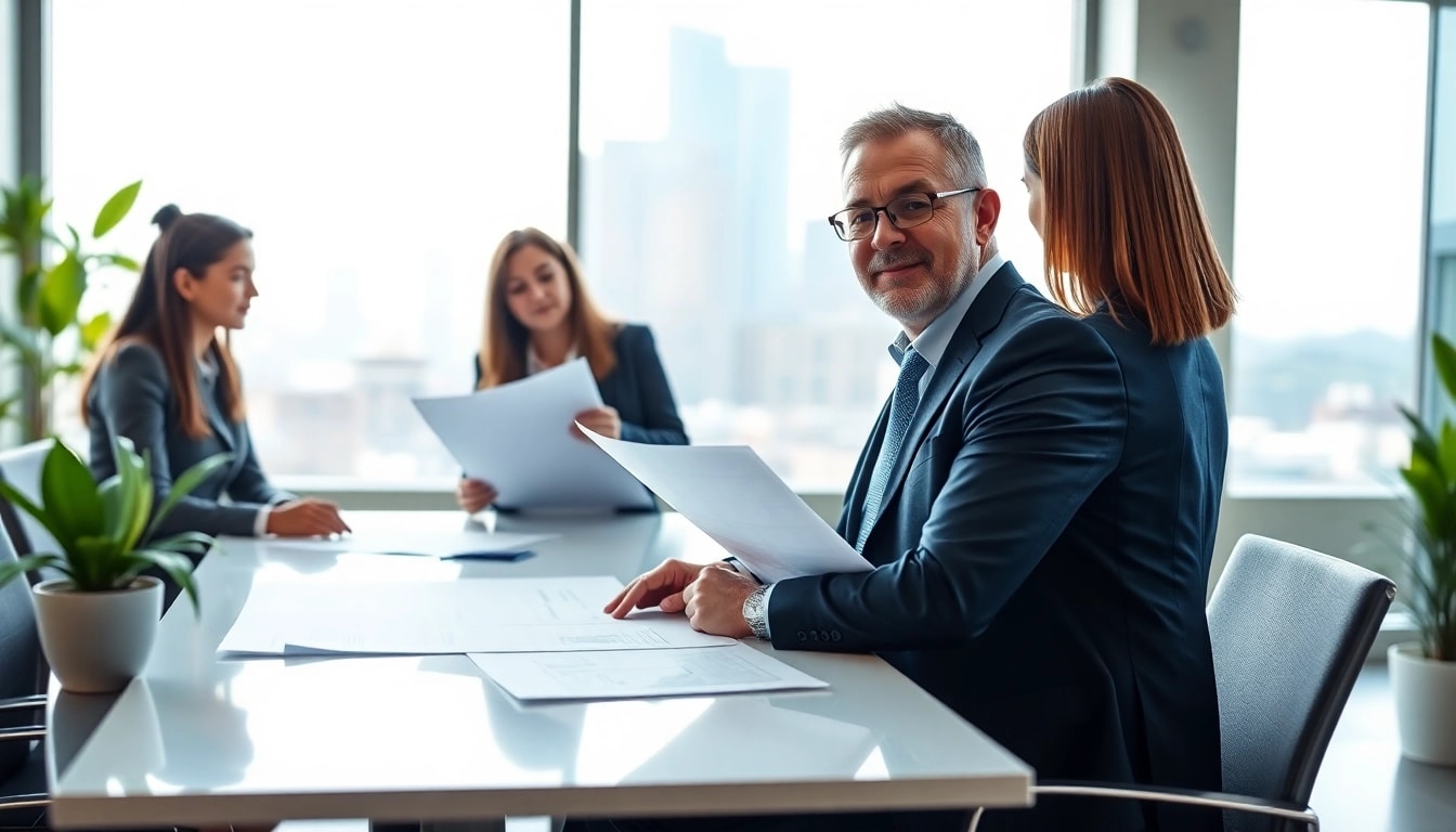 Headhunter Ingenieure in einem modernen Büro, während er mit Ingenieuren interagiert.