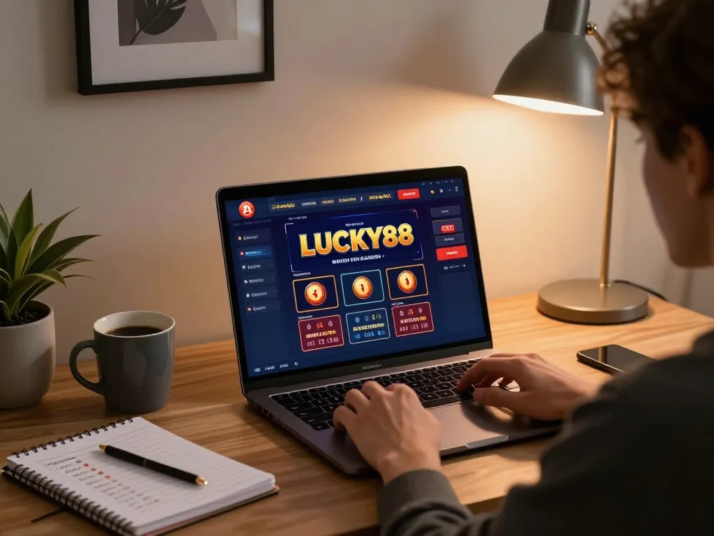 Engaging with LUCKY88 casino on a laptop at a cozy home setup, showcasing strategic online gaming.