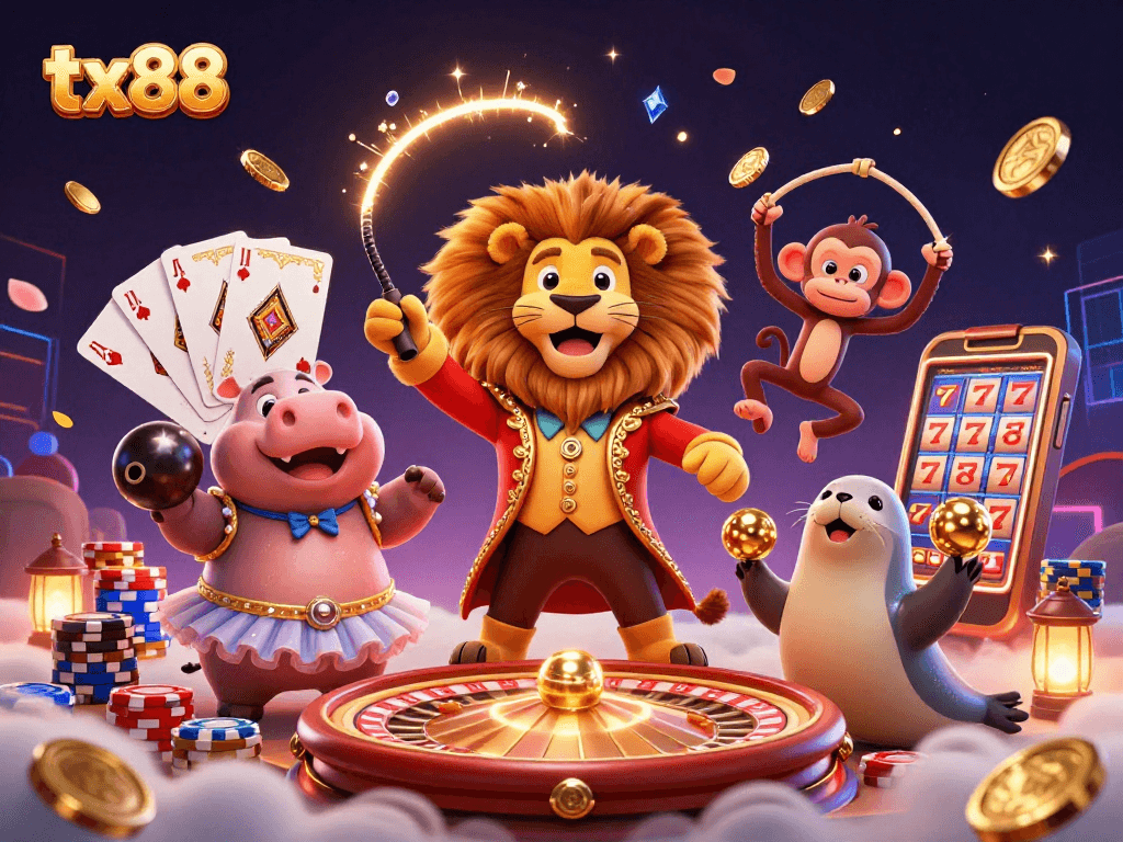 Spin the roulette wheel and win with tx88 in this dynamic casino illustration featuring vibrant characters and elements.