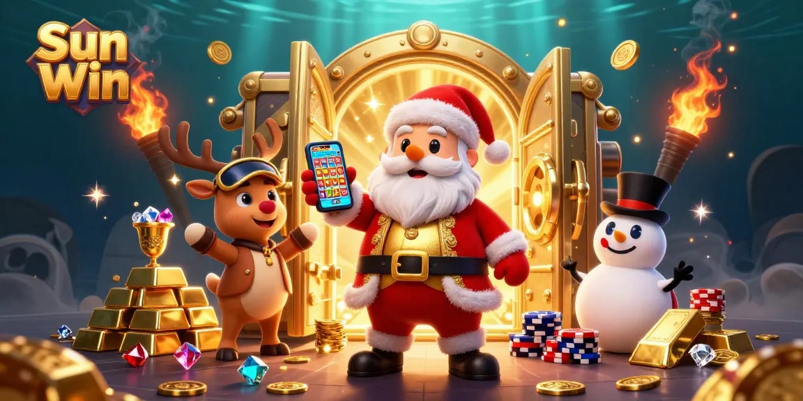 Engage with Sun Win's premium games while discovering jackpots with Santa and friends in a festive casino scene.