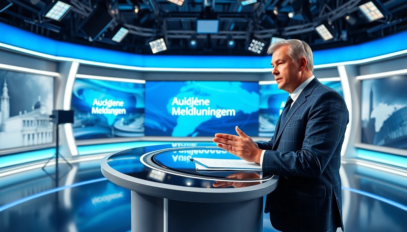 Aktuelle Meldungen werden von einem Nachrichtensprecher in einem modernen Studio präsentiert.