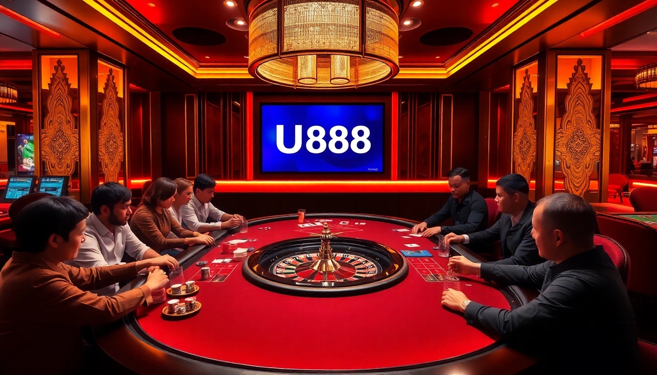 Experience the thrilling U888 gaming table action with high-stakes poker players in a luxurious casino.
