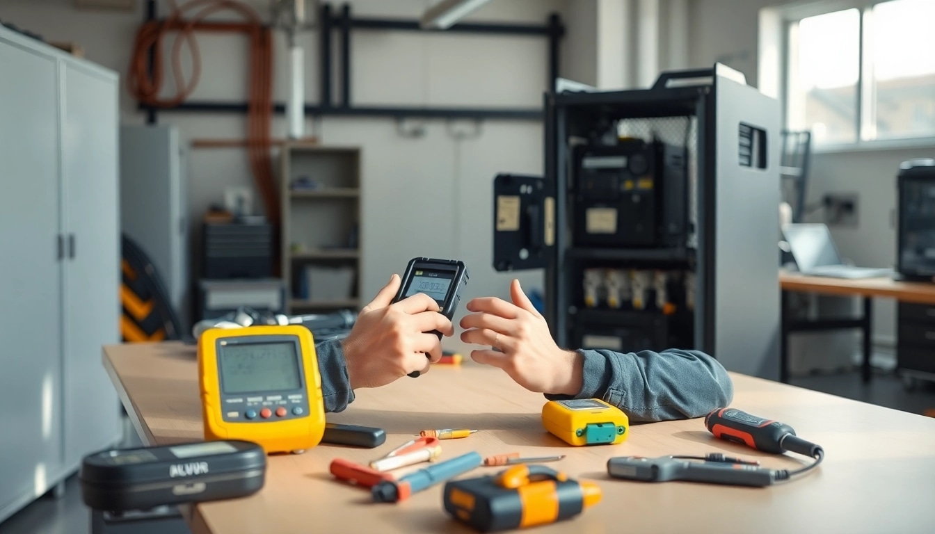 Technician performing a DGUV V3 Prüfung to ensure workplace safety with thorough equipment checks.