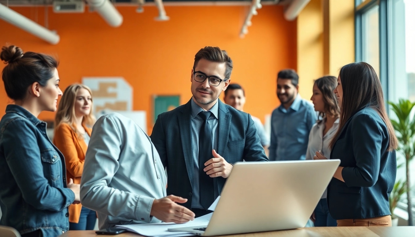 Headhunter Ingenieure im Gespräch mit Ingenieuren in einem modernen Büro.