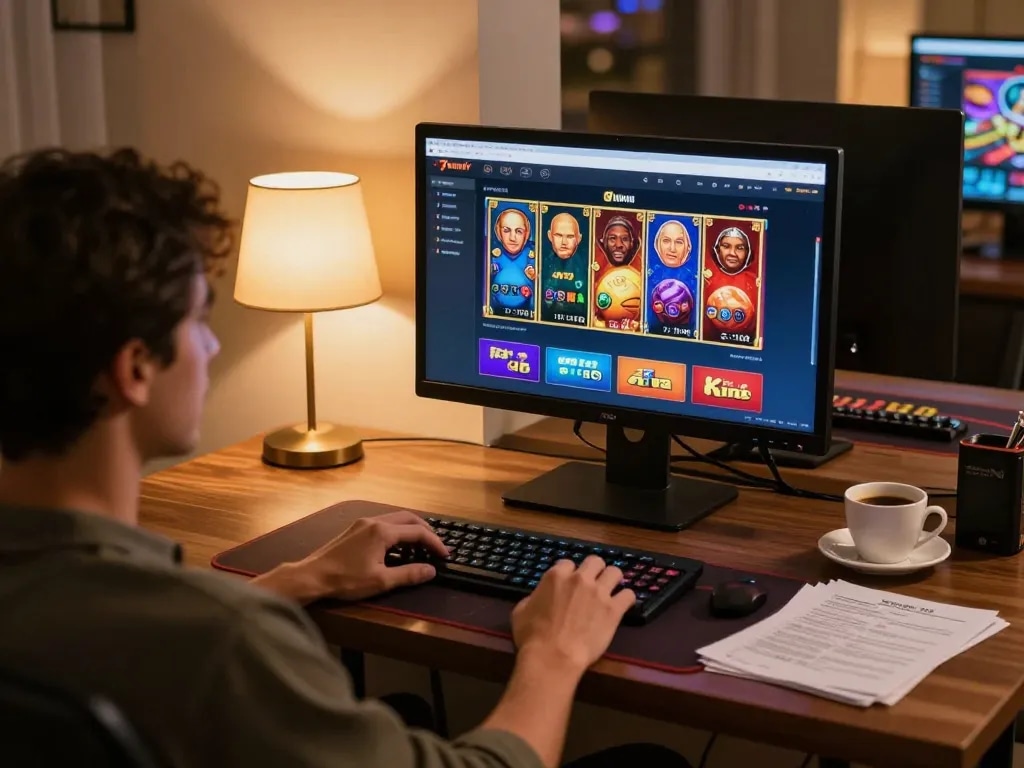 Engaged player exploring 78winvina online casino games in a cozy home environment