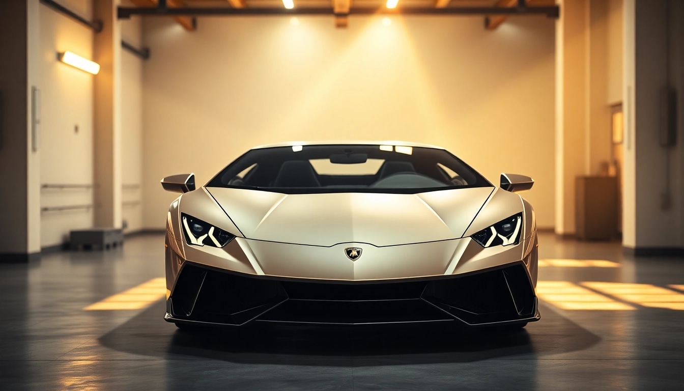 Lamborghini PPF München: Eleganter Lamborghini in einer hellen Garage mit glänzender Lackschutzfolie umgeben von warmem Licht.