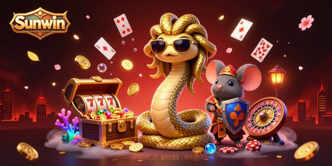 Experience immersive fun at Sunwin with a vibrant gambling illustration showcasing a Medusa character, poker elements, and gold coins.