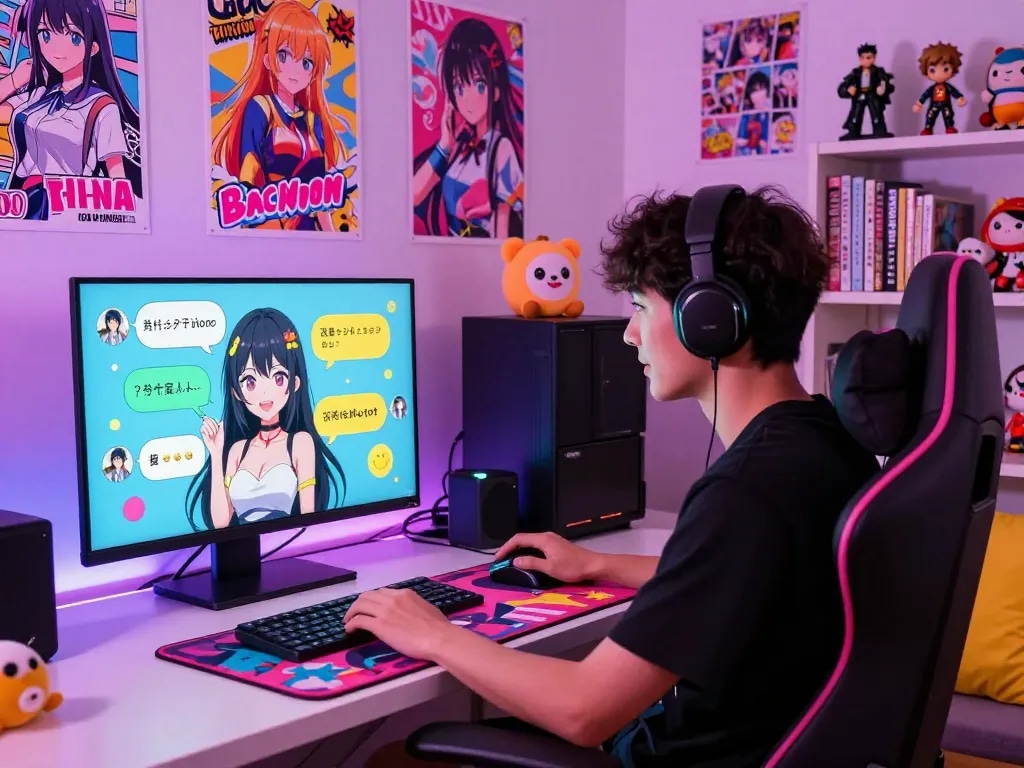 User engaging in a hentai ai chat with animated character in a vibrant digital art scene filled with anime elements.