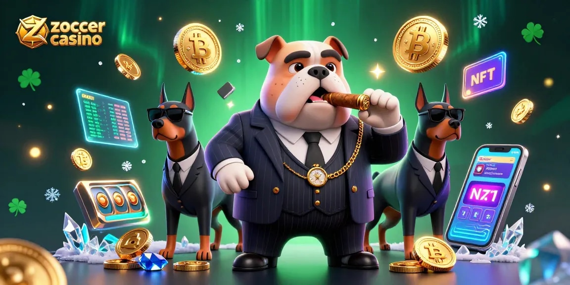 Zoccer casino showcases an elite mafia boss bulldog and Doberman guards, surrounded by vibrant slot game elements.