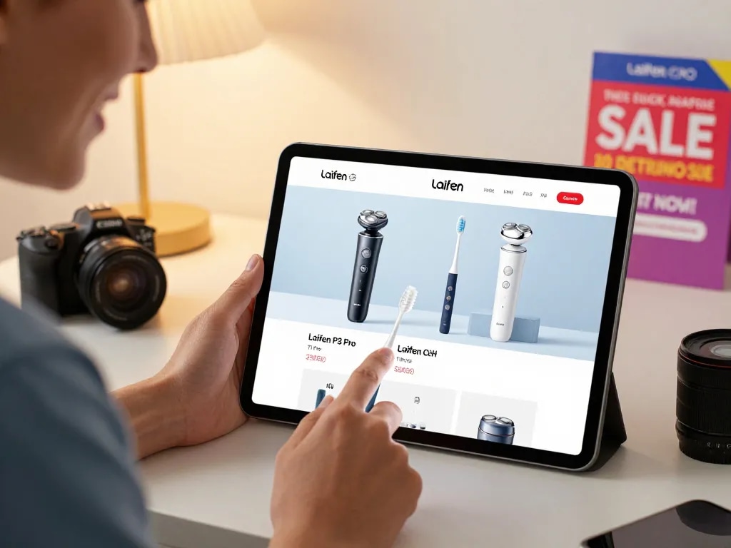 Einkäufer, der Laifen Europa-Produkte wie elektrische Rasierer und Zahnbürsten in einem modernen digitalen Geschäft erkundet.