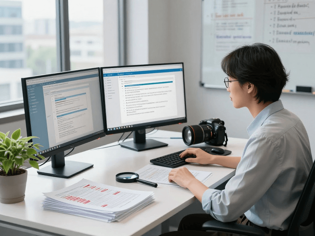 Document fraud detection analysis in an office with monitors showing verification software and red flags highlights.